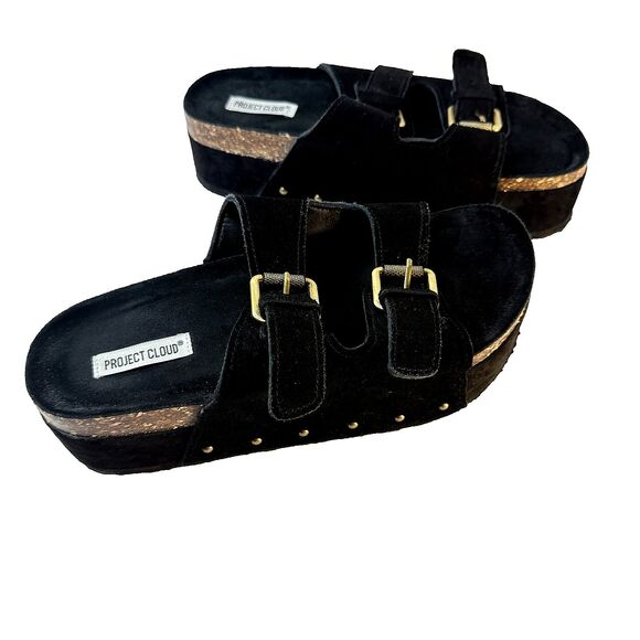 Project Cloud Black Suede Y2K Chunky Platform Buckle Sandals 90s Women's Size 11 - Picture 3 of 12